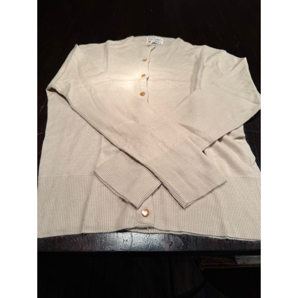 Vintage 60s Kate Collins Mazet Yarn Milliken Cardigan Beige Sweater